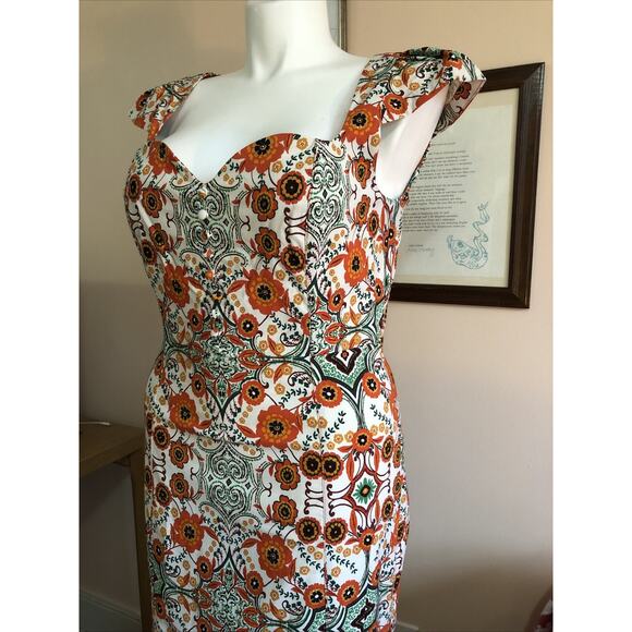 NWT Anthropologie Orange Floral Maxi Bodycon Dress Cap Sleeve Large Fishtail - Picture 4 of 11
